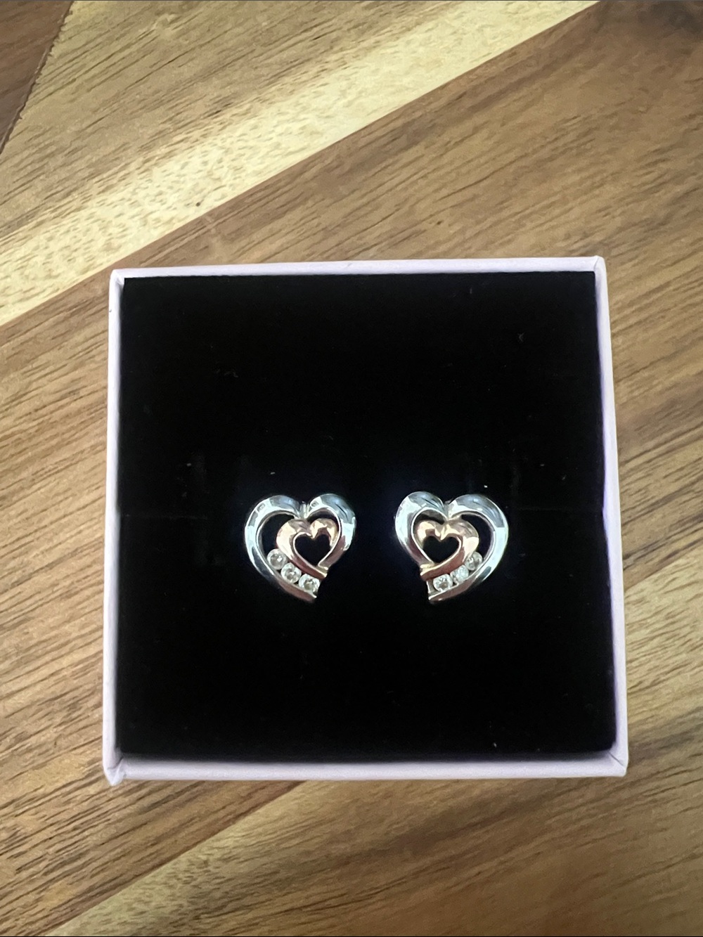 10k white and Rose Gold Heart Stud Earrings with Crystals - Women Jewelry